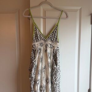 Boho Sun Print Spaghetti Strap Romper in White and Gray with Lime Trim